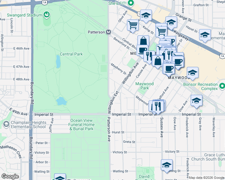 map of restaurants, bars, coffee shops, grocery stores, and more near 4134 Maywood Street in Burnaby