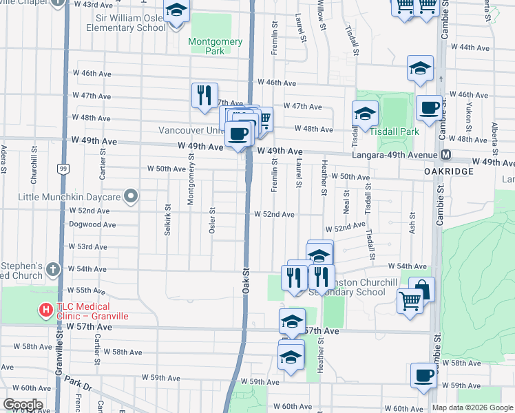 map of restaurants, bars, coffee shops, grocery stores, and more near in Vancouver