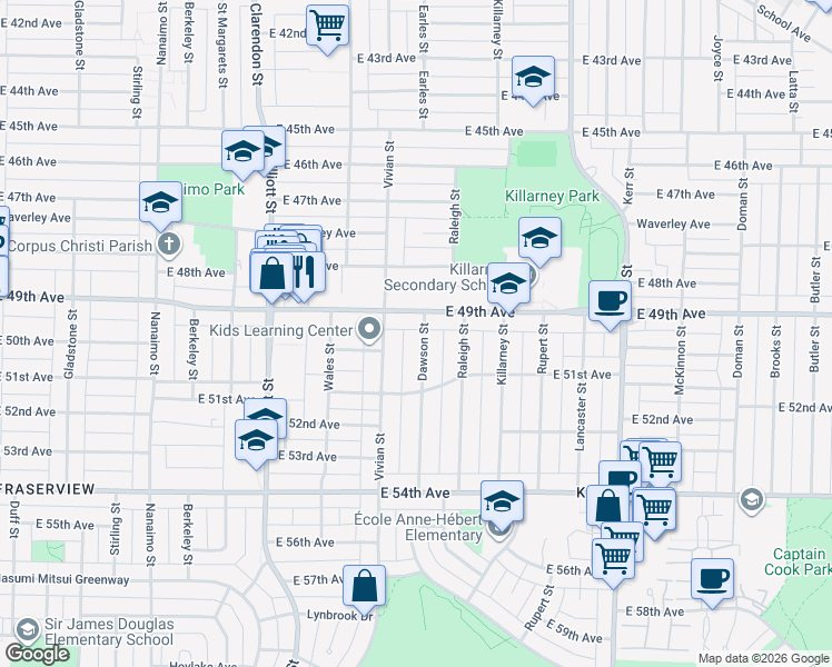 map of restaurants, bars, coffee shops, grocery stores, and more near 6529 Dawson Street in Vancouver