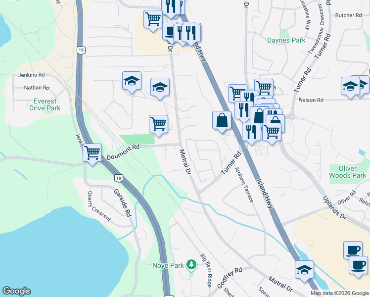 map of restaurants, bars, coffee shops, grocery stores, and more near 5854 Turner Road in Nanaimo