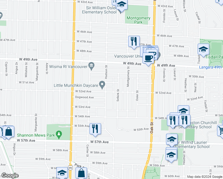 map of restaurants, bars, coffee shops, grocery stores, and more near 1249 West 52nd Avenue in Vancouver