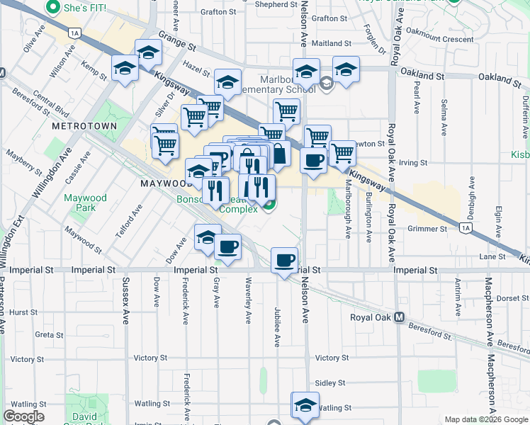 map of restaurants, bars, coffee shops, grocery stores, and more near 6550 Bonsor Avenue in Burnaby