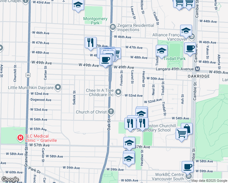 map of restaurants, bars, coffee shops, grocery stores, and more near 6778 Oak Street in Vancouver