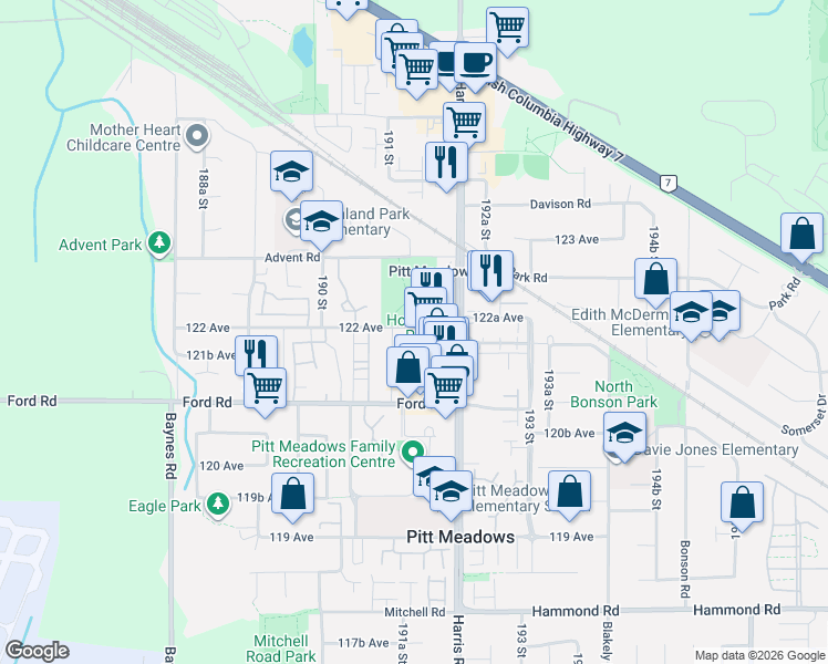map of restaurants, bars, coffee shops, grocery stores, and more near 19142 122 Avenue in Pitt Meadows