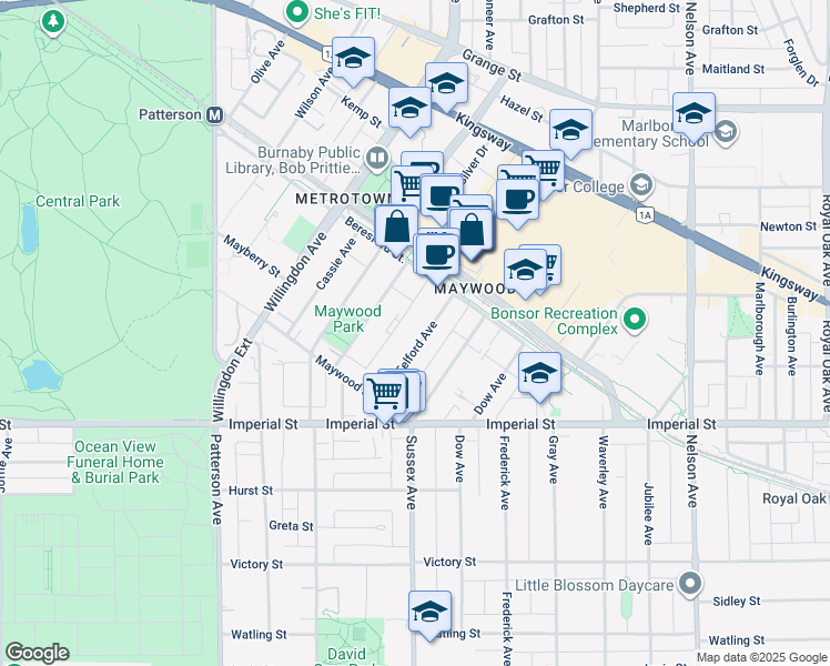 map of restaurants, bars, coffee shops, grocery stores, and more near 6537 Telford Avenue in Burnaby