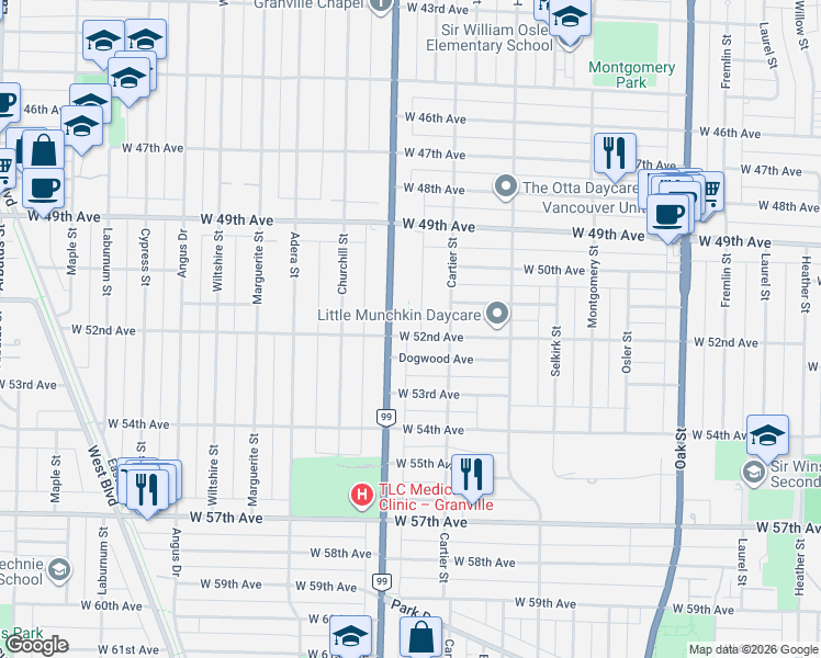 map of restaurants, bars, coffee shops, grocery stores, and more near 1483 West 52nd Avenue in Vancouver