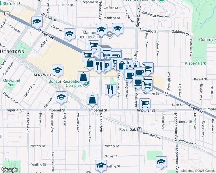 map of restaurants, bars, coffee shops, grocery stores, and more near 6538 Nelson Avenue in Burnaby
