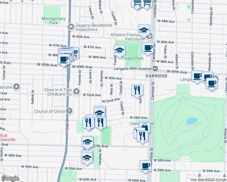 map of restaurants, bars, coffee shops, grocery stores, and more near 6738 Neal Street in Vancouver