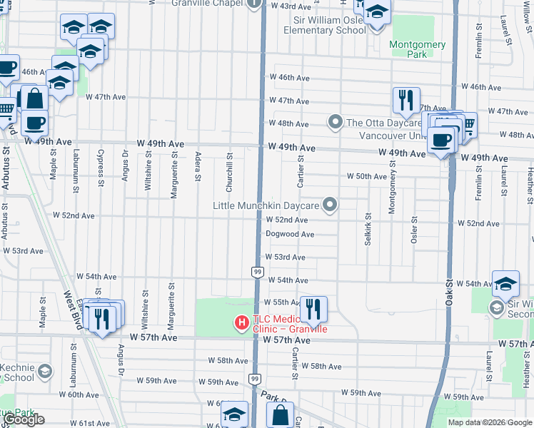 map of restaurants, bars, coffee shops, grocery stores, and more near 1487 West 52nd Avenue in Vancouver
