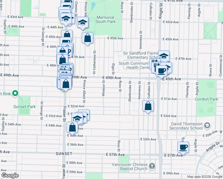 map of restaurants, bars, coffee shops, grocery stores, and more near 1052 East 50th Avenue in Vancouver