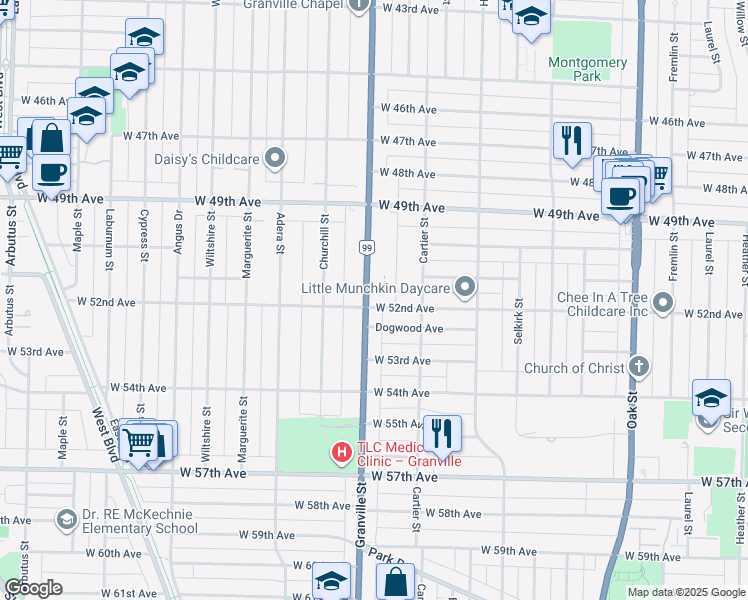 map of restaurants, bars, coffee shops, grocery stores, and more near 1489 West 52nd Avenue in Vancouver