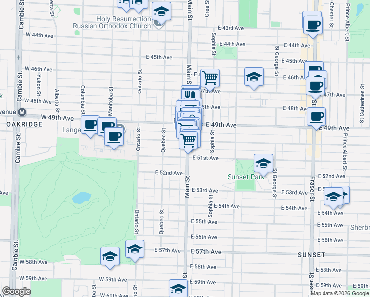 map of restaurants, bars, coffee shops, grocery stores, and more near 6653 Main Street in Vancouver