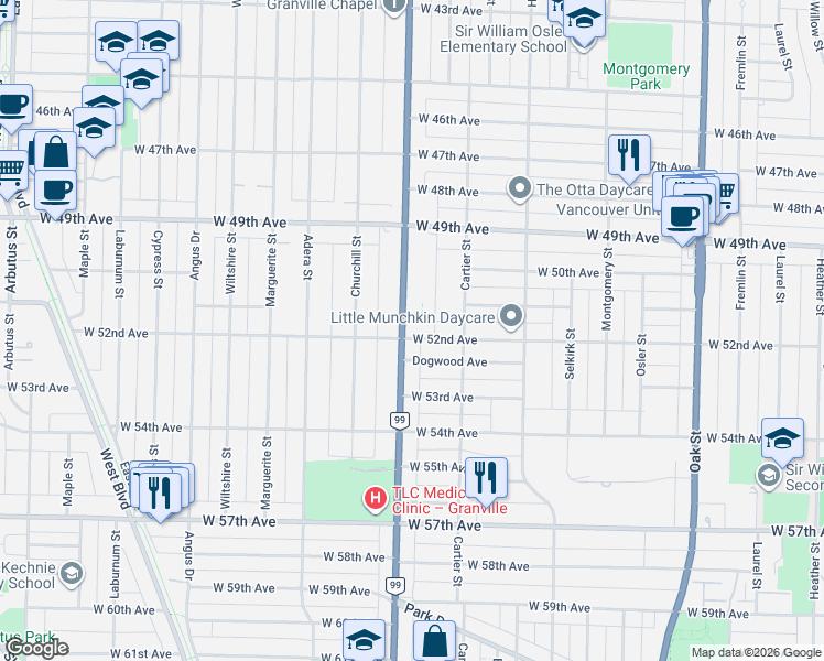 map of restaurants, bars, coffee shops, grocery stores, and more near 1493 West 52nd Avenue in Vancouver