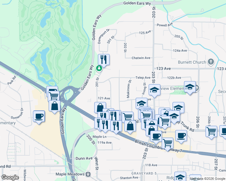 map of restaurants, bars, coffee shops, grocery stores, and more near 12134 201B Street in Maple Ridge