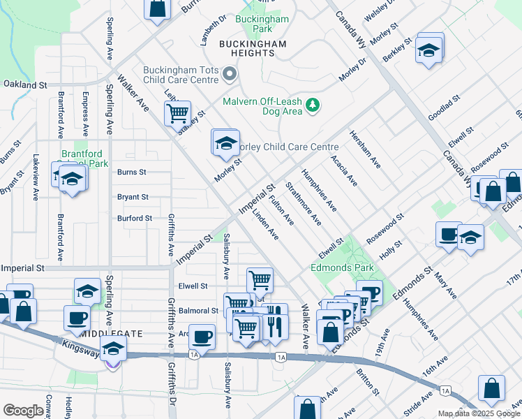 map of restaurants, bars, coffee shops, grocery stores, and more near 6636 Linden Avenue in Burnaby