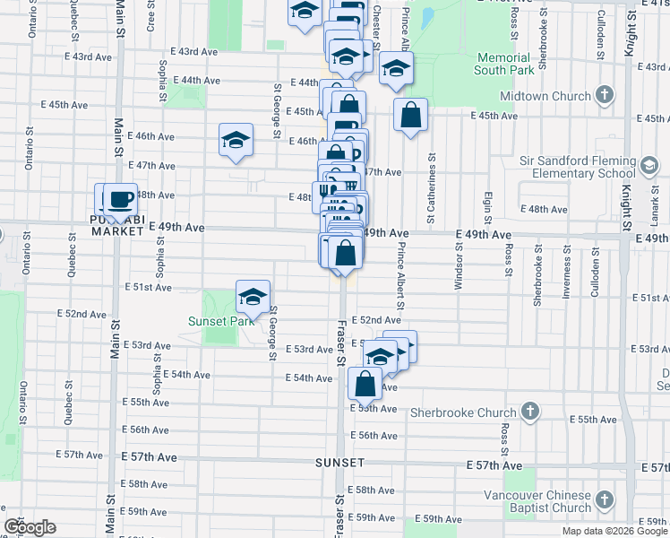 map of restaurants, bars, coffee shops, grocery stores, and more near 6625 Fraser Street in Vancouver
