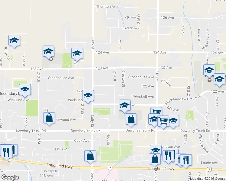 map of restaurants, bars, coffee shops, grocery stores, and more near 12209 214 Street in Maple Ridge