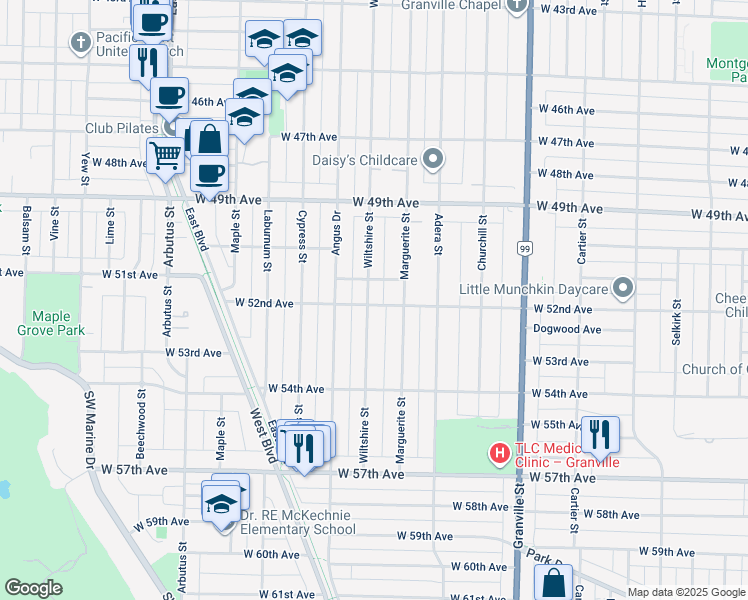 map of restaurants, bars, coffee shops, grocery stores, and more near 1739 West 52nd Avenue in Vancouver