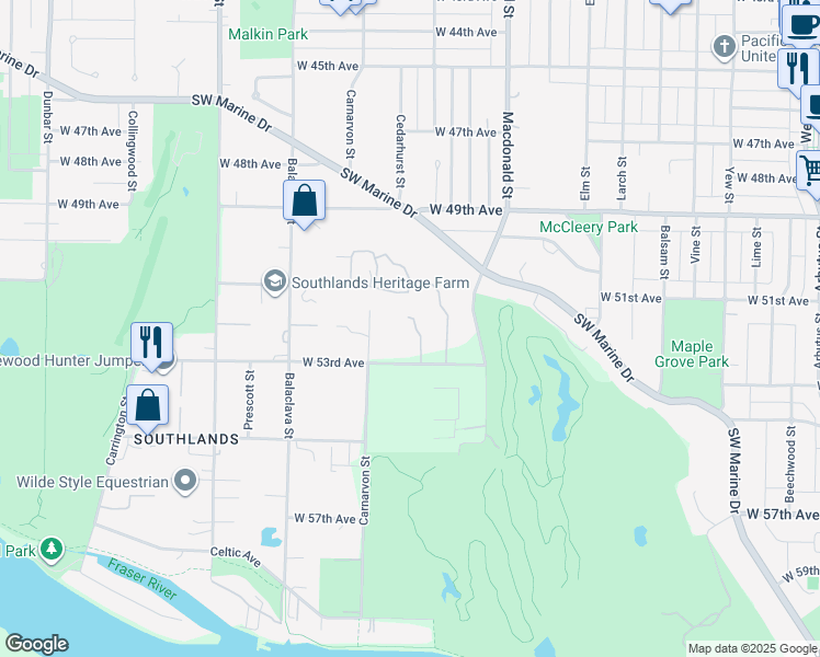 map of restaurants, bars, coffee shops, grocery stores, and more near 2999 West 53rd Avenue in Vancouver