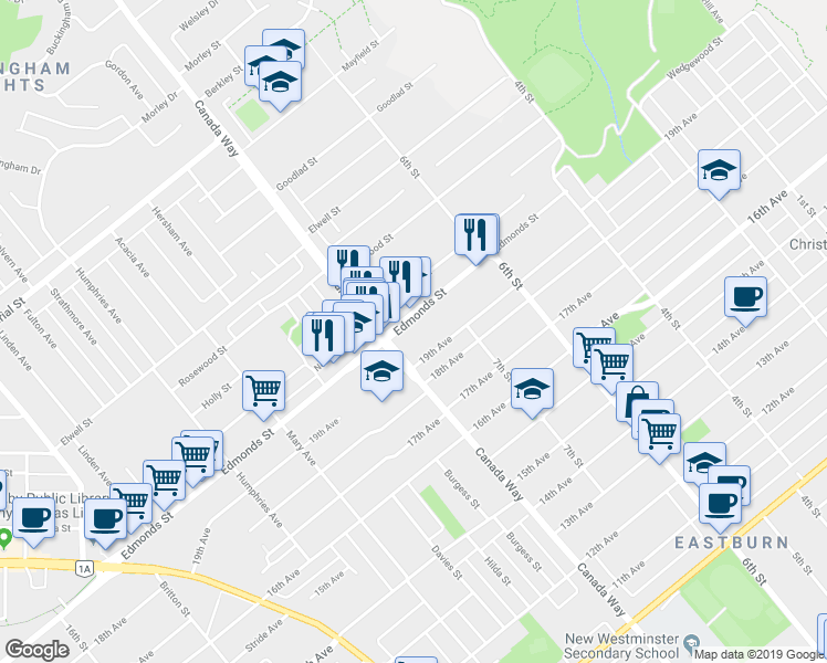 map of restaurants, bars, coffee shops, grocery stores, and more near in Burnaby