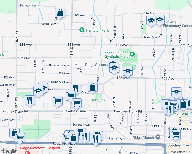 map of restaurants, bars, coffee shops, grocery stores, and more near 12213 218 Street in Maple Ridge