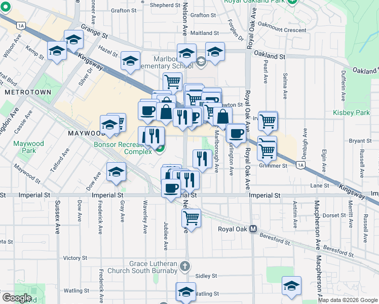 map of restaurants, bars, coffee shops, grocery stores, and more near 6538 Nelson Avenue in Burnaby