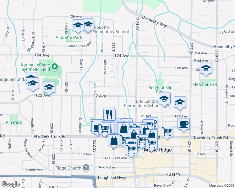 map of restaurants, bars, coffee shops, grocery stores, and more near in Maple Ridge