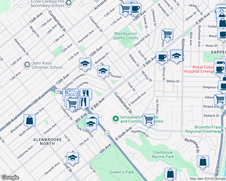 map of restaurants, bars, coffee shops, grocery stores, and more near 107 East 8th Avenue in New Westminster