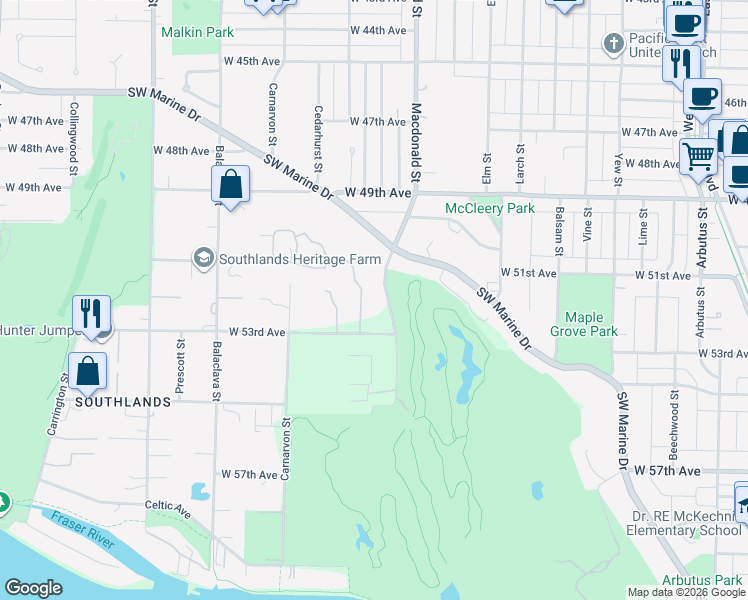 map of restaurants, bars, coffee shops, grocery stores, and more near 6749 Macdonald Street in Vancouver