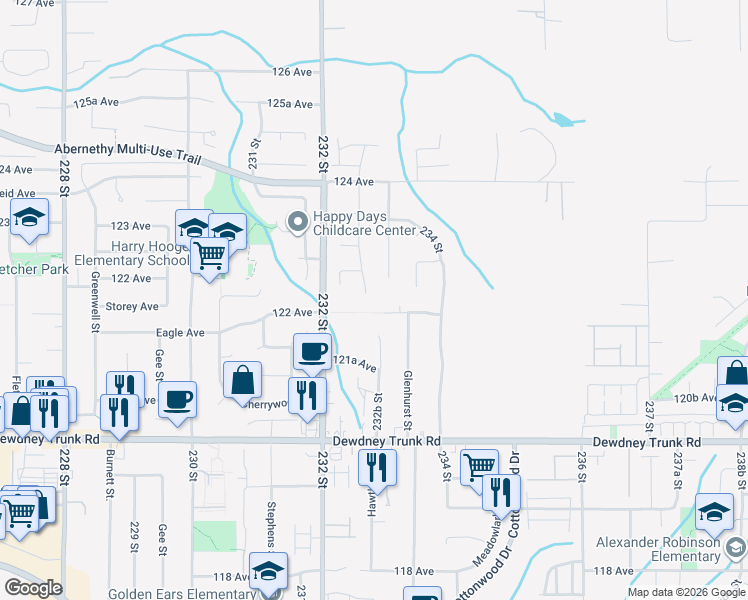 map of restaurants, bars, coffee shops, grocery stores, and more near 23262 122 Avenue in Maple Ridge