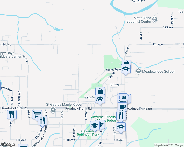 map of restaurants, bars, coffee shops, grocery stores, and more near 23800 122 Avenue in Maple Ridge