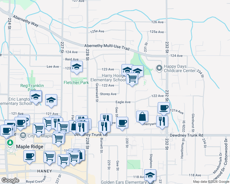 map of restaurants, bars, coffee shops, grocery stores, and more near 22967 Storey Avenue in Maple Ridge