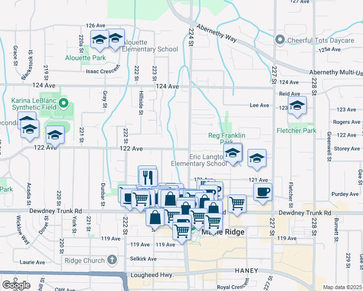 map of restaurants, bars, coffee shops, grocery stores, and more near 12191 224 Street in Maple Ridge
