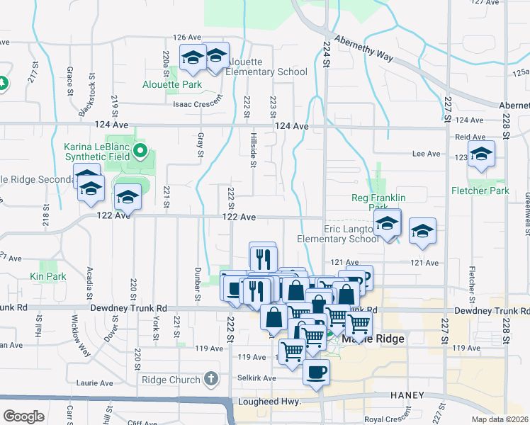 map of restaurants, bars, coffee shops, grocery stores, and more near 22277 122 Avenue in Maple Ridge