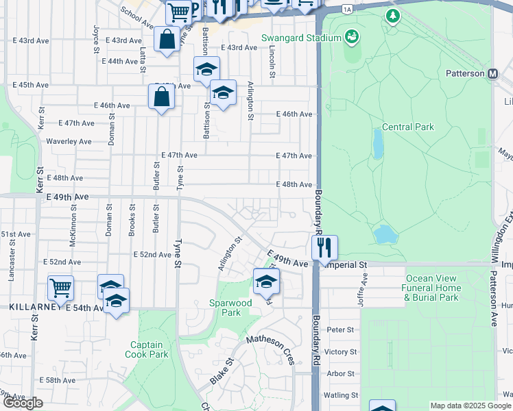 map of restaurants, bars, coffee shops, grocery stores, and more near 3425 East 49th Avenue in Vancouver