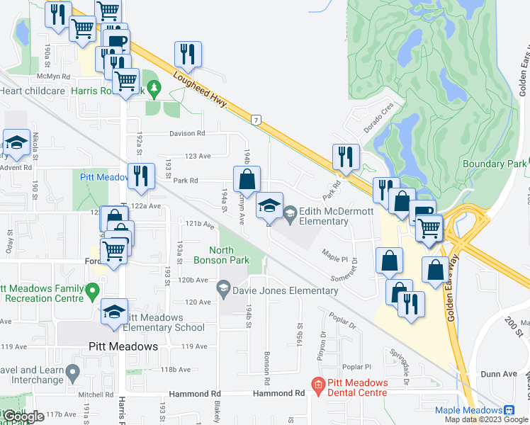 map of restaurants, bars, coffee shops, grocery stores, and more near 12213 Bonson Road in Pitt Meadows