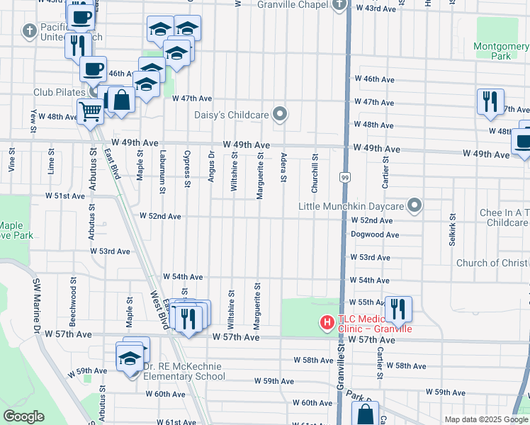 map of restaurants, bars, coffee shops, grocery stores, and more near 6776 Marguerite Street in Vancouver