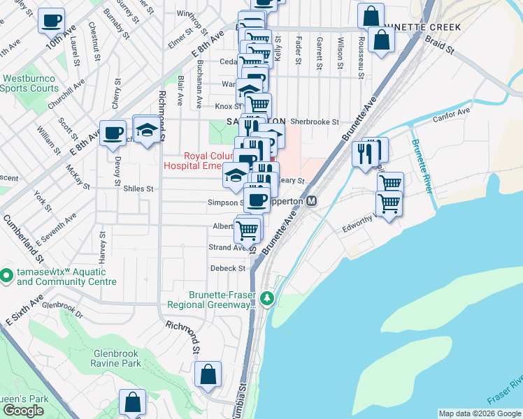 map of restaurants, bars, coffee shops, grocery stores, and more near in New Westminster