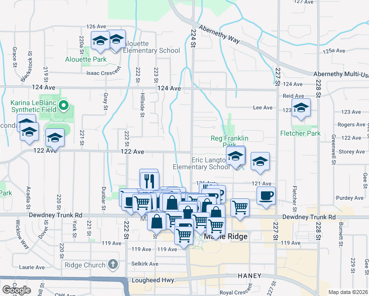 map of restaurants, bars, coffee shops, grocery stores, and more near 12191 224 Street in Maple Ridge