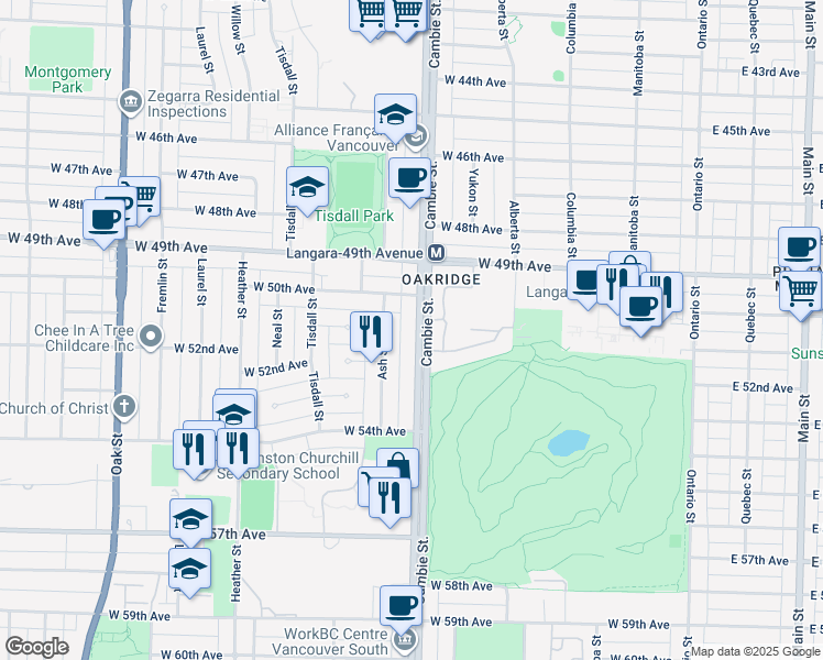 map of restaurants, bars, coffee shops, grocery stores, and more near 6677 Cambie Street in Vancouver