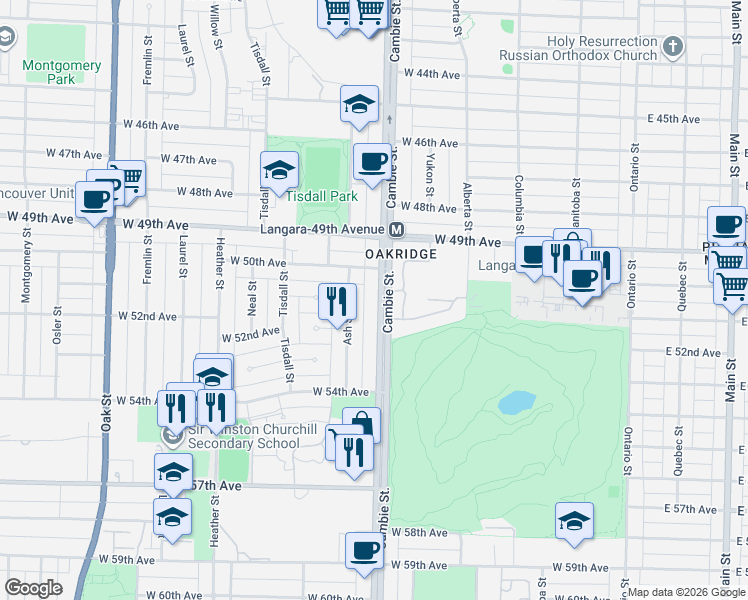 map of restaurants, bars, coffee shops, grocery stores, and more near 6677 Cambie Street in Vancouver