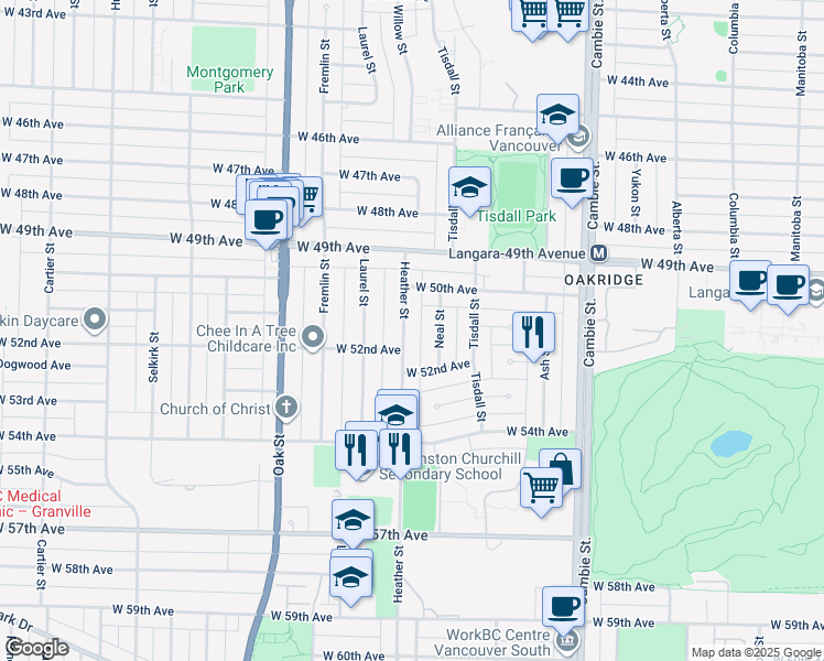 map of restaurants, bars, coffee shops, grocery stores, and more near 6728 Heather Street in Vancouver