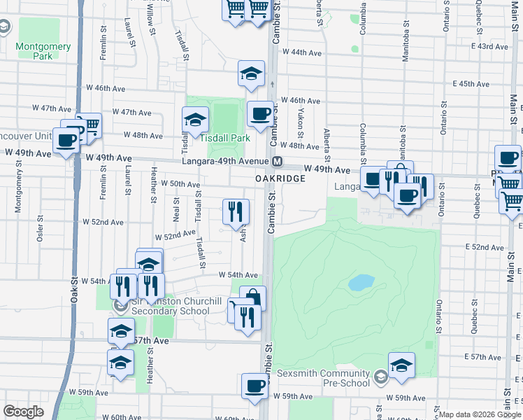 map of restaurants, bars, coffee shops, grocery stores, and more near 6677 Cambie Street in Vancouver