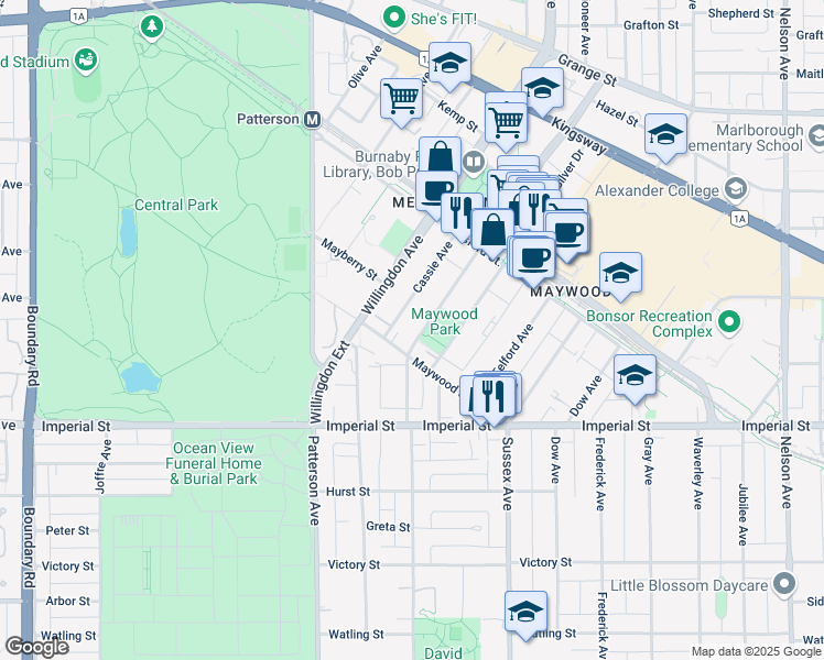 map of restaurants, bars, coffee shops, grocery stores, and more near 6555 McKay Avenue in Burnaby