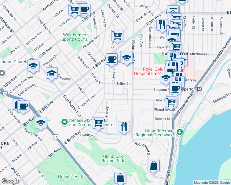 map of restaurants, bars, coffee shops, grocery stores, and more near 220 Devoy Street in New Westminster
