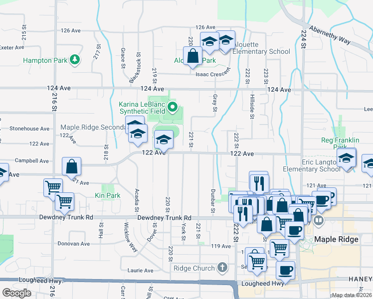 map of restaurants, bars, coffee shops, grocery stores, and more near 22038 122 Avenue in Maple Ridge