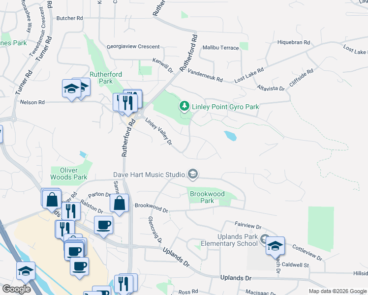 map of restaurants, bars, coffee shops, grocery stores, and more near 5810 Linley Valley Drive in Nanaimo