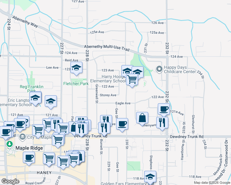 map of restaurants, bars, coffee shops, grocery stores, and more near 22986 Storey Avenue in Maple Ridge
