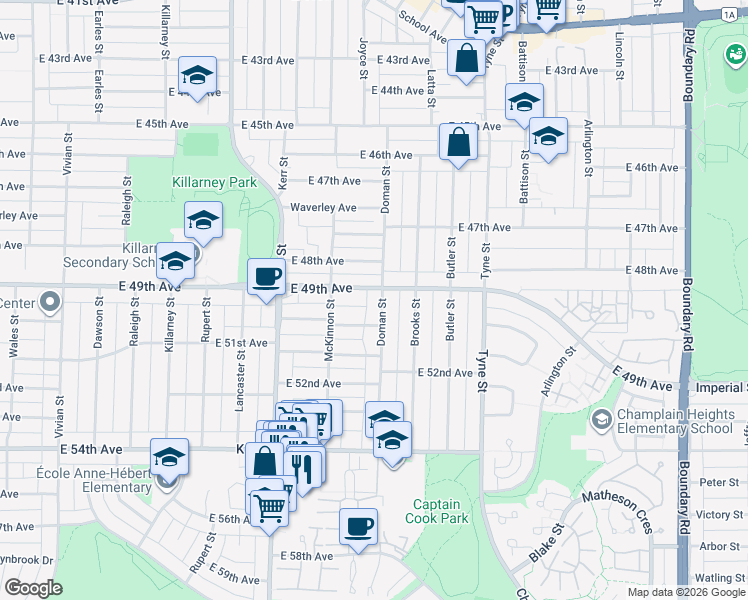 map of restaurants, bars, coffee shops, grocery stores, and more near 6525 Doman Street in Vancouver