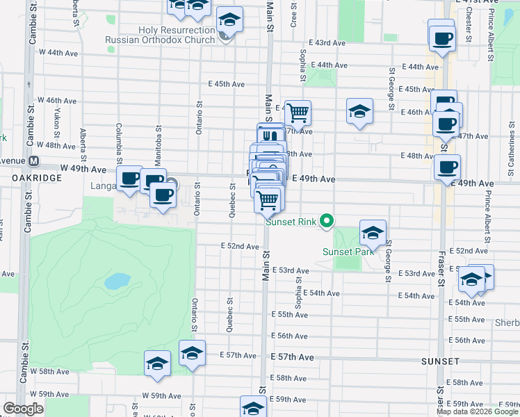 map of restaurants, bars, coffee shops, grocery stores, and more near 6631 Main Street in Vancouver